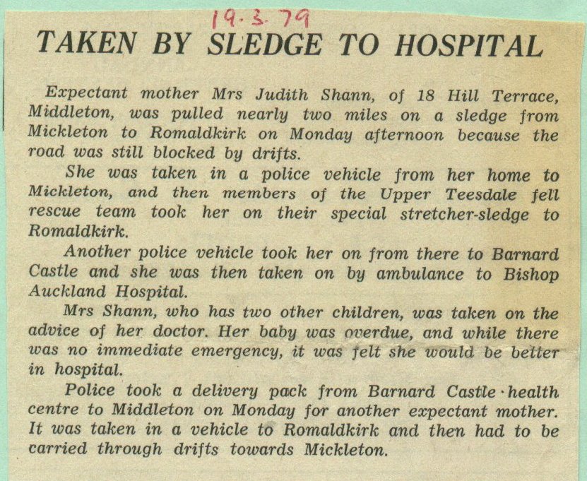 Taken by sledge to hospital

Judith Shann, expectant mother, sledge, snow, successful 